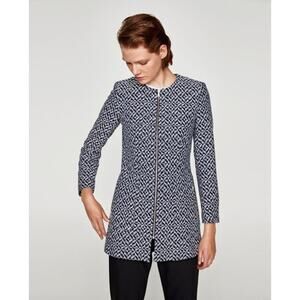 Zara Basic Women's Full Zip Tweed Career Office Tailored Coat Size XS Blue White